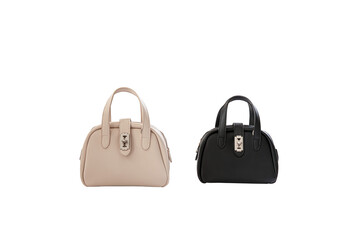 Beautiful black and white leather female fashion bag with transparent background, front view