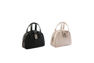 Beautiful black and white leather female fashion bag with transparent background, perspective view