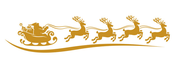 Silhouette of Santa Claus riding in a sleigh with reindeer. Vector on transparent background