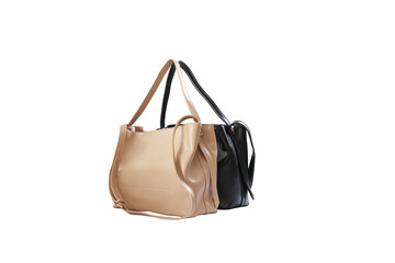 Beautiful beige and black leather female fashion bag with transparent background, perspective view