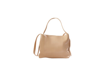 Beautiful beige leather female fashion bag with transparent background, front view
