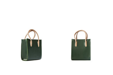 Beautiful green leather female fashion bag with transparent background, front view