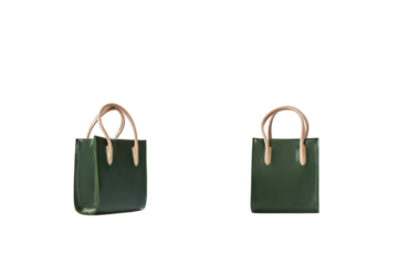 Beautiful green leather female fashion bag with transparent background, front view