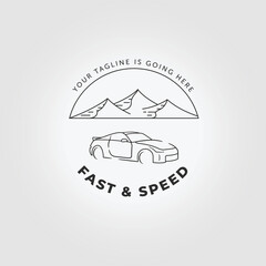 sport car in a desert and mountain logo design vector illustration
