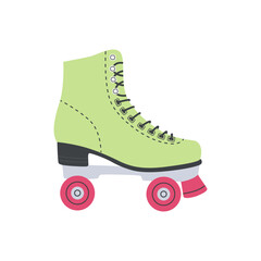 Fototapeta premium Green roller skate, vintage quad skates. Girls wearing retro fashion style from 70s 80s . Sport and disco. Cute vector illustrations in trendy pastel colors. Hand drawn comic rollerblades.
