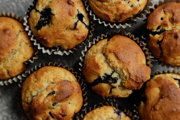 macro top view of blueberry muffins