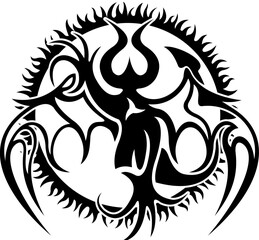 Vector black and white tribal tattoo fantasy pattern with demon silhouette inside the fire circle