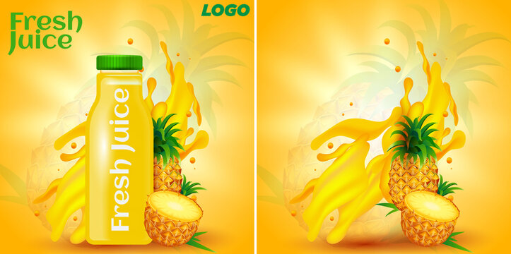 Pineapple Juice advertises a poster design with a Juice bottle. 3D illustration Social media background design of Pineapple juice. Pineapple background with blur effect.