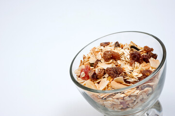 Muesli from oatmeal fruits and nuts, healthy diet food.