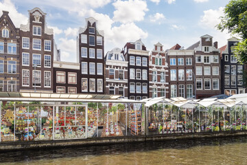 Amsterdam floating flower market and tall narrow canal houses