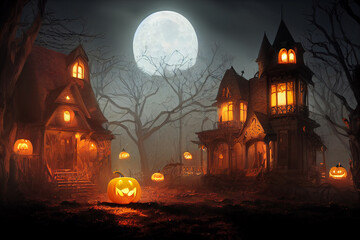 Fototapeta na wymiar Halloween holiday. Bats and carved pumpkins on a spooky night.