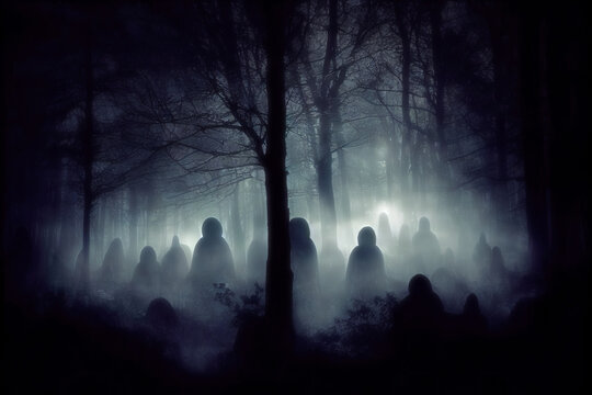 Creepy ghostly figures in dark foggy forest haunted by evil spirits, halloween night, generative AI illustration