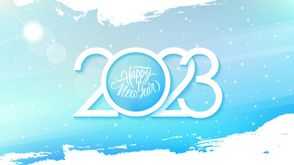 2023 Happy New Year background with hand drawn lettering, sun, snowflakes and white brush strokes for New Year greetings and invitations. Vector illustration.	