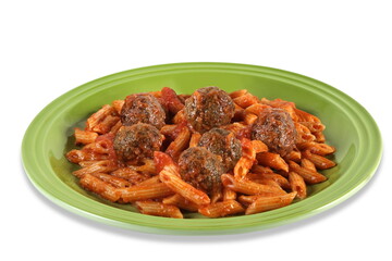 dish with penne in tomato sauce and delicious meatballs