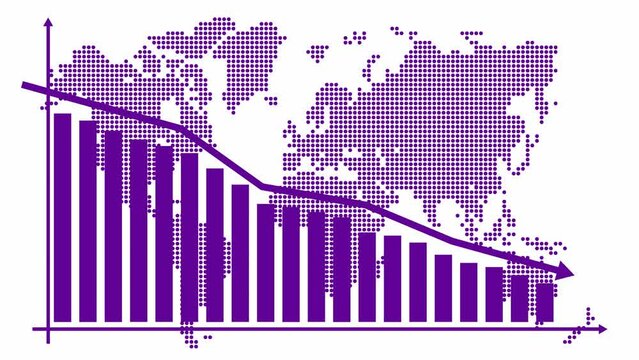 Animated chart of financial decline with a trend line chart. Recession global economic. Economic crisis, recession, decrease graph. violet world map with bar chart. Profit down. Looped video. Vector i