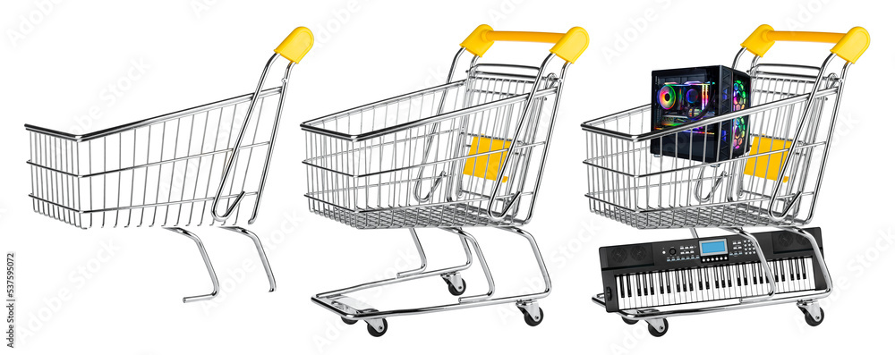 Wall mural fillable empty yellow shopping cart with isolated front grid in front side view isolated white backg
