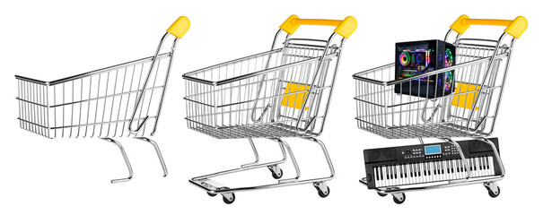 fillable empty yellow shopping cart with isolated front grid in front side view isolated white...