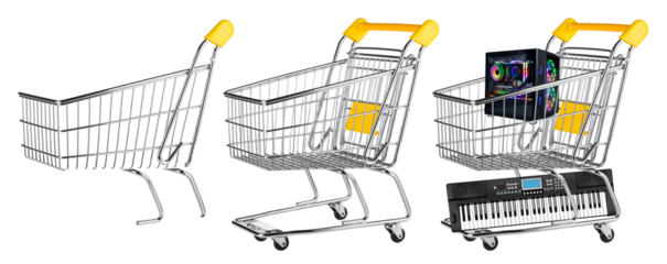 fillable empty yellow shopping cart with isolated front grid in front side view isolated white background. online shop commerce design pattern.