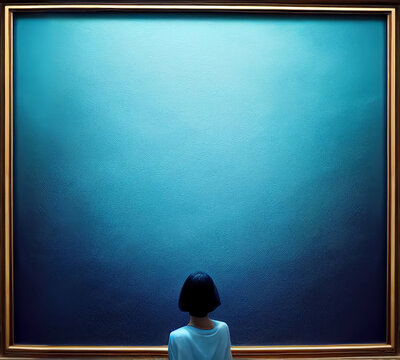 girl looking at a blue picture