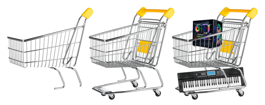 fillable empty yellow shopping cart with isolated front grid in front side view isolated white background. online shop commerce design pattern.