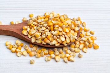 Dry Corn Seed or Maize Seeds in a Wooden Ladle Isolated on White Wooden Background