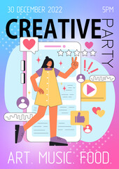 Poster creative party. Girl, social networks. Flat style, Vector.