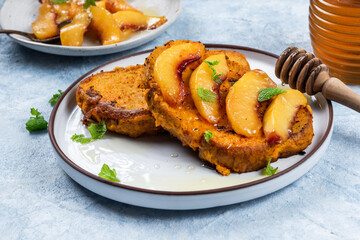 Pumpkin French toast with apricot. Autumn swasonal food