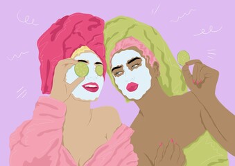Women friends applying face masks together 