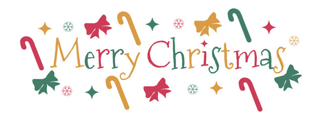 Merry Christmas lettering with bows, candy cane, snowflakes and stars