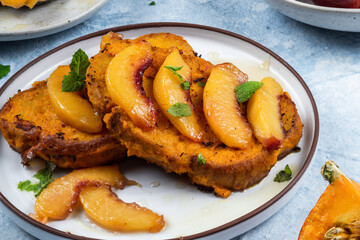Autumn brunch, pumpkin toasted bread with grilled apricot