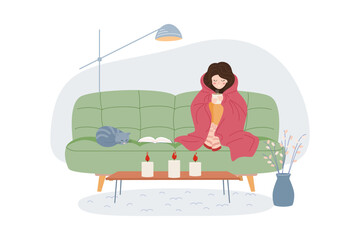 Girl in warm clothes drinks a hot drink and warms herself under a blanket. Cute cat. Cold temperature in the apartment. Saving energy resources. Crisis and economy concept. Vector illustration.