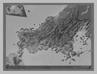Yamaguchi, Japan. Grayscale. Labelled points of cities