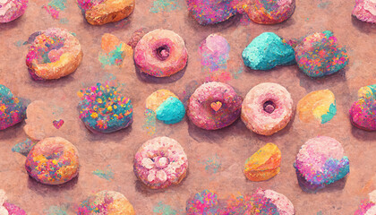 Fototapeta na wymiar Donuts in rows of colors and tasty flavors. creative background of sweets and candies, colorful and delicious desserts