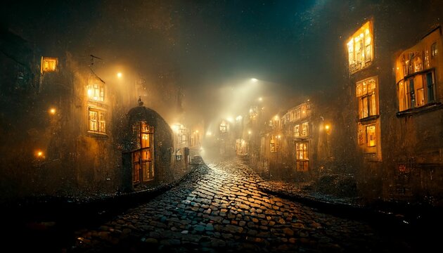 Dark And Moody Narrow Foggy Street Of Cobblestone In A Whimsical Town.