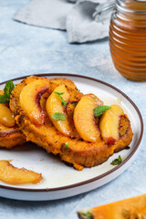 Autumn brunch, pumpkin toasted bread with grilled apricot