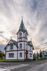 The beautiful Húsavík Wooden Church in Iceland. 