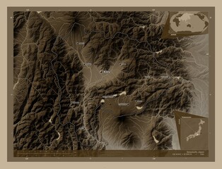 Yamanashi, Japan. Sepia. Labelled points of cities