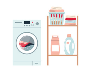 Washing machine and basket with clean clothes. Shelf with powder and cleanser. Washable clothes. Laundry concept. Flat vector illustration on white isolated background.