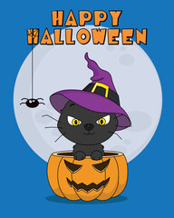 Halloween card. Black cat inside a halloween pumpkin