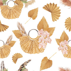 Exotic tropical seamless pattern with dry palm leaves, decorative elements, fashion bags and flowers. Watercolor jungle aesthetic flowers and leafs. Boho wedding bouquet