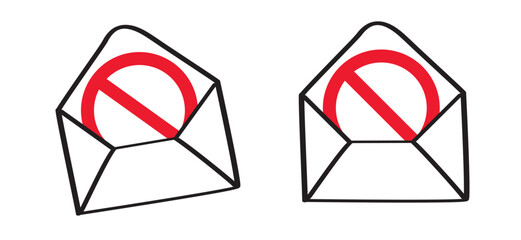 Stop, no advertising. No ads sign. Red circle background. Advertisement prohibited sign. Digital security concept. No spam or junk email. Cartoon e mail or mailing. No Cookies. Envelope