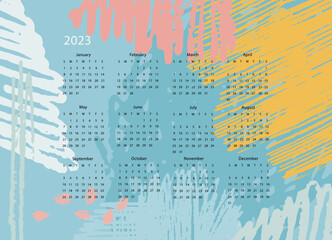 Fototapeta na wymiar Calendar vector template for year 2023 on colorful pencil stroke background