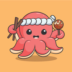 Octopus. Seafood sea animal squid with tentacles cartoon and hand drawn illustration. Vector cute octopus illustration isolated for kids, t-shirt.