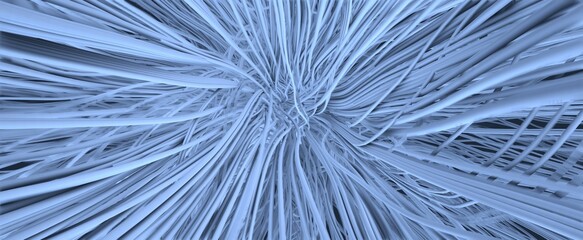 Fototapeta premium Twisted in knot threads abstract web background. Tangled blue lines with 3d render stripes when magnification. Digital synaptic connections and nodes