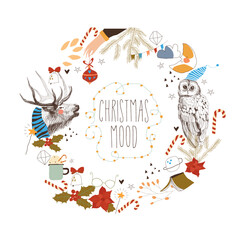 Christmas Wreath with Reindeer, Owl and Holiday Elements