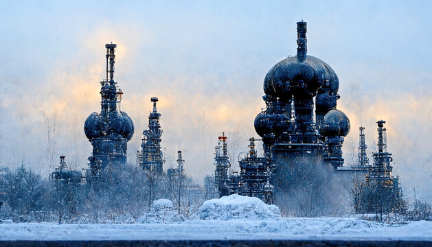 Cold snowy Russian Siberia.Gas and oil rigs