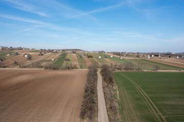 Drone view of countryside fields