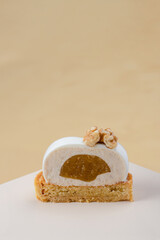 Patisserie dessert. Single piece of artisan cake. High detail studio photo. Copy space background