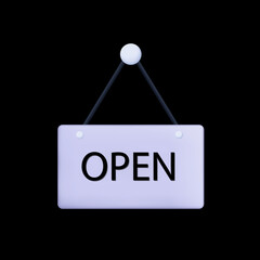 Digital board Open 3d. Notification or opening icon for store, doors or new business. Poster, signboard with invitation to enter, visit now, welcome. Hanging plate with information and warning. Vector