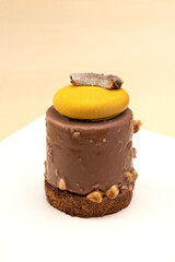 Patisserie dessert. Single piece of artisan cake. High detail studio photo. Copy space background